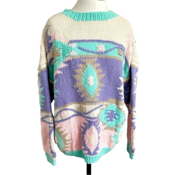 Vintage 80s Pastel Aztec Southwestern Boxy Mock Neck Pullover Sweater - M - Picture 2 of 9